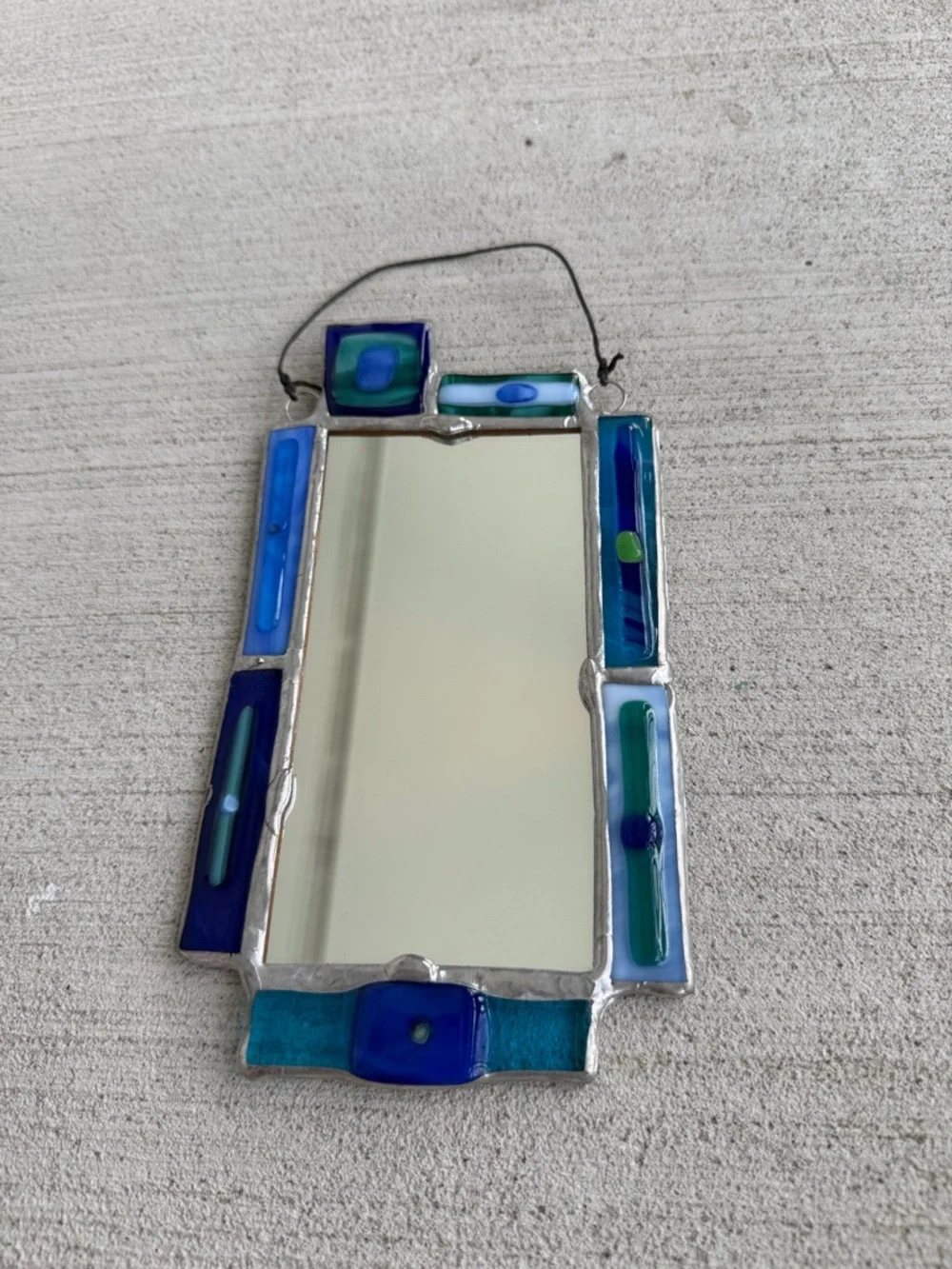 Vintage Fused Glass Wall Mirror Blue Green Stained Glass Style Handmade